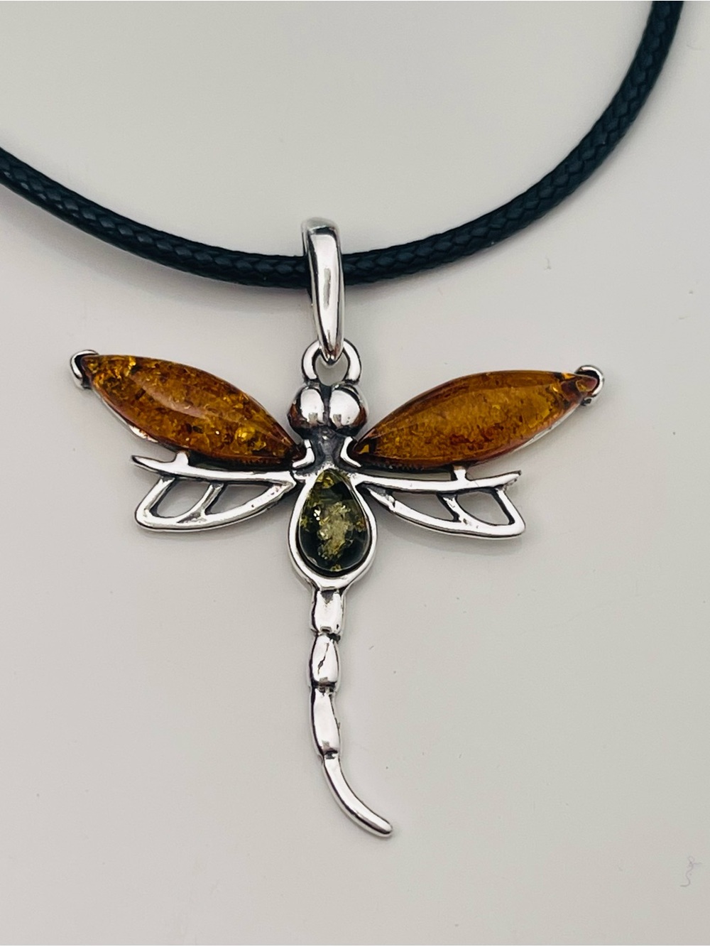 Amber dragonfly pendant sterling silver